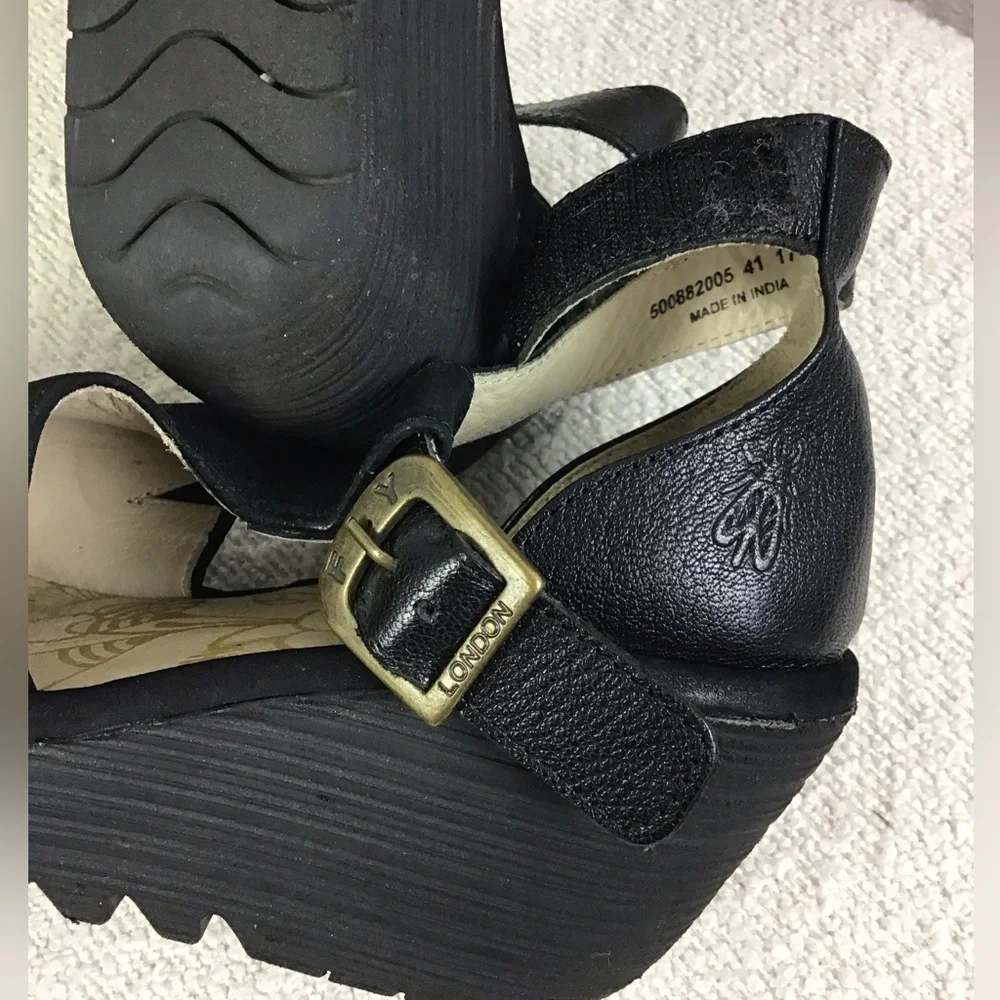 FLY London Perforated Leather Ankle Strap Wedges Sandals Black Size 38 (7.5-8)
